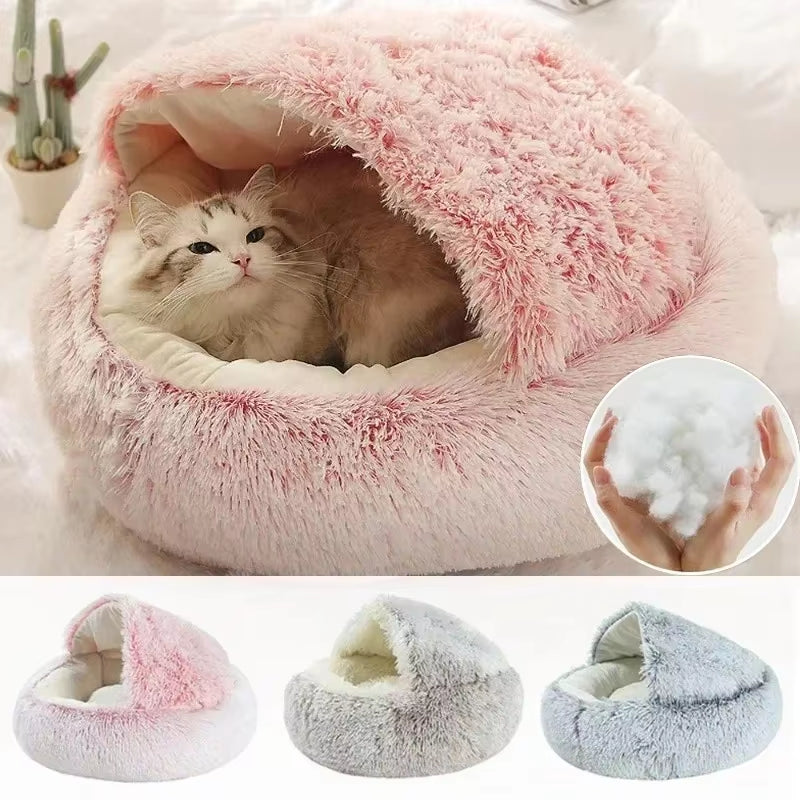 Covered Plush Pet Bed – Warm Round Nest Cave for Small Dogs & Cats