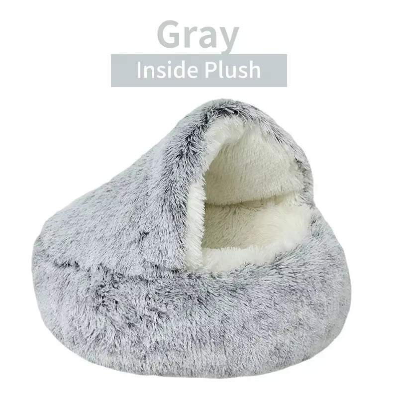 Covered Plush Pet Bed – Warm Round Nest Cave for Small Dogs & Cats
