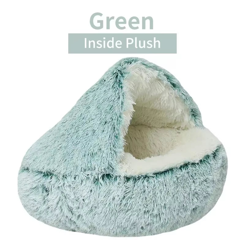 Covered Plush Pet Bed – Warm Round Nest Cave for Small Dogs & Cats