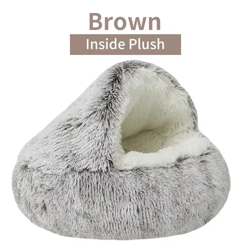 Covered Plush Pet Bed – Warm Round Nest Cave for Small Dogs & Cats