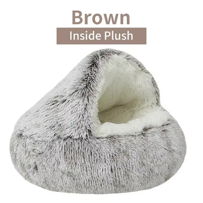 Covered Plush Pet Bed – Warm Round Nest Cave for Small Dogs & Cats